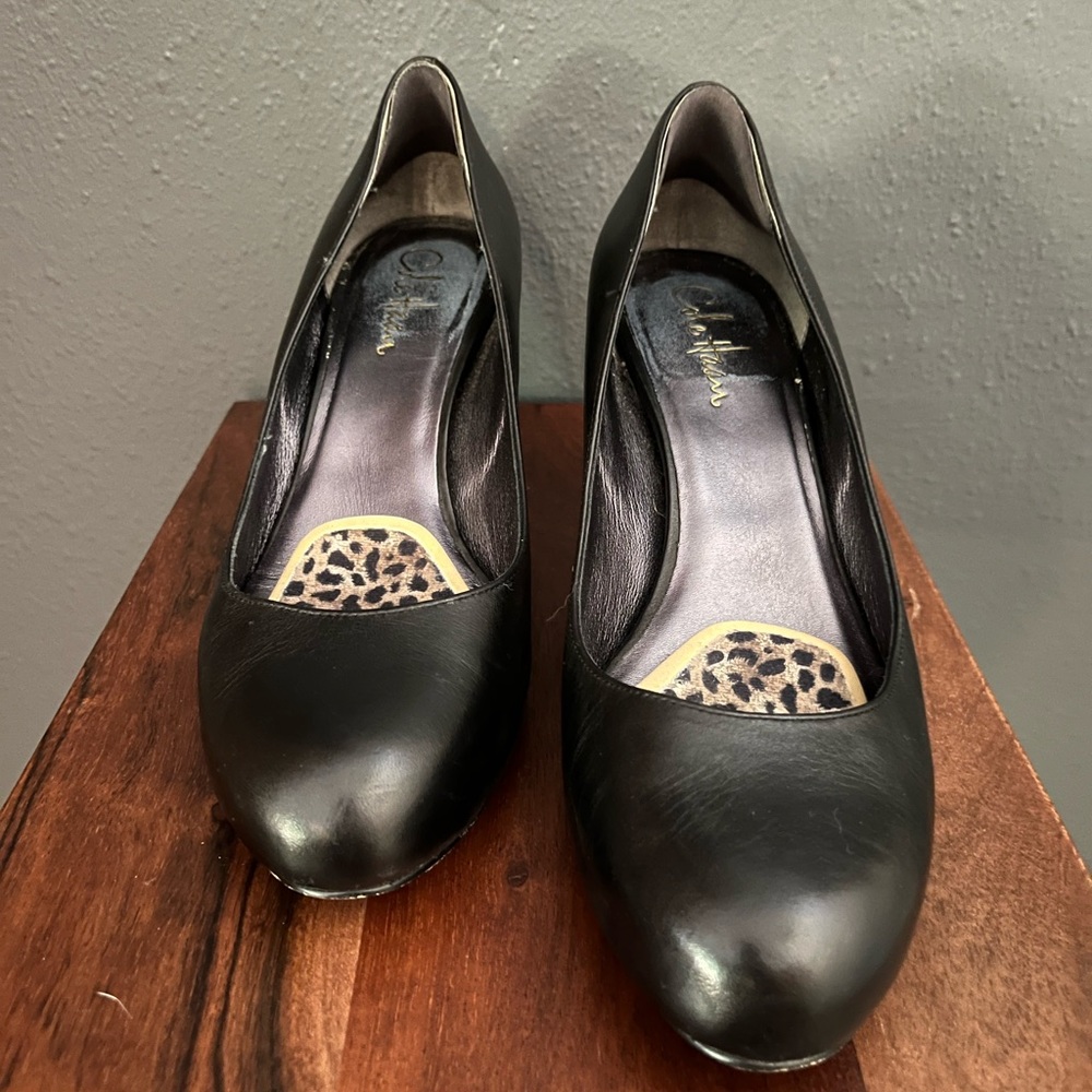 Cole Haan Black Leather Heels with Decorative Medallion